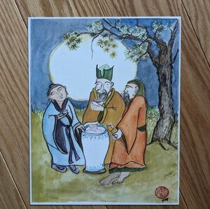 Traditional Asian Art Print with Green and Orange Accents